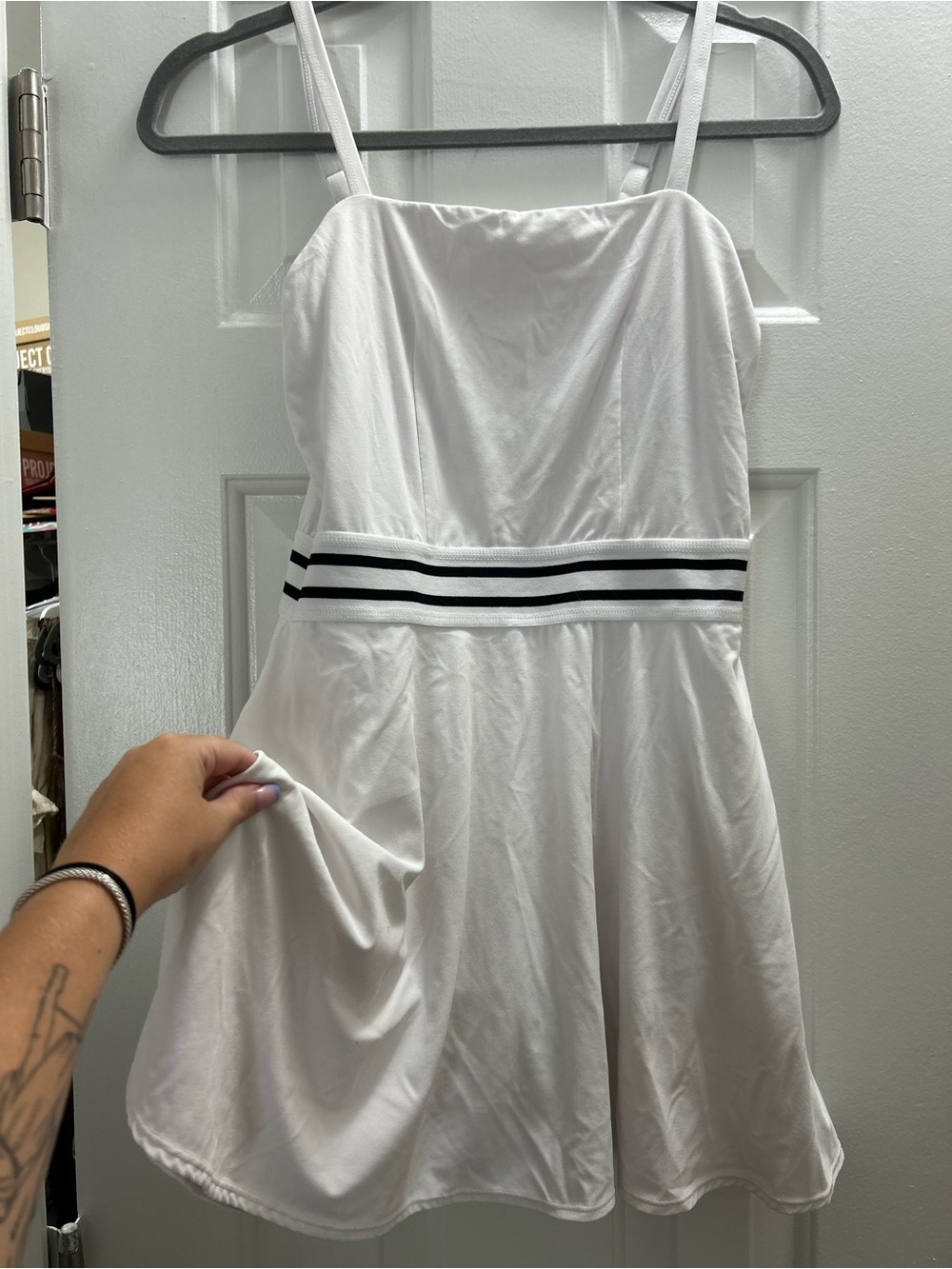 JoyLab White Strappy Dress with Black Waist Stripes